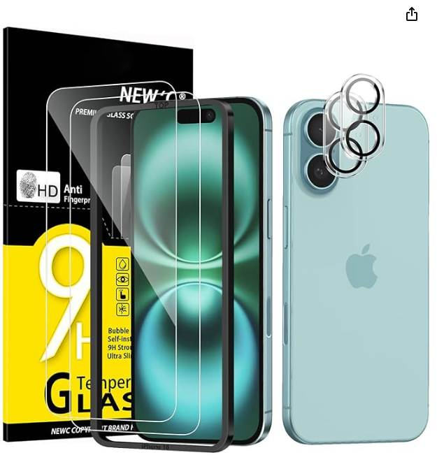 NEW'C Kit de 4, 2 x Verre Trempé pour iPhone 16 (6,1 Pouces) et 2 x Protection Caméra Arrière - Anti Rayures - sans Bulles d'air -Ultra Résistant - Dureté 9H Glass