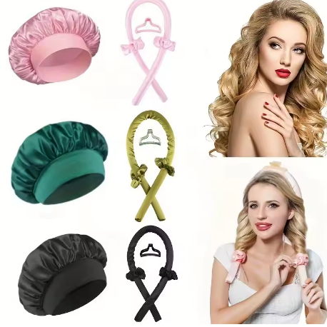 Ensemble de bonnets de couchage en Satin de soie, 2 pièces, sans chaleur, couvre-chef pour cheveux bouclés naturels, soins capillaires longs, outil de bouclage ondulé