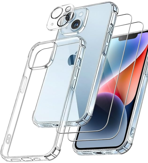 FLLAO 4 en 1 Coque pour iPhone 14 avec 2 Verre Trempé et 1 Caméra Protecteur, [Coussin d'air Intégré] Antichoc Antirayures Bumper Protection Housse pour iPhone 14 6.1", Transparent